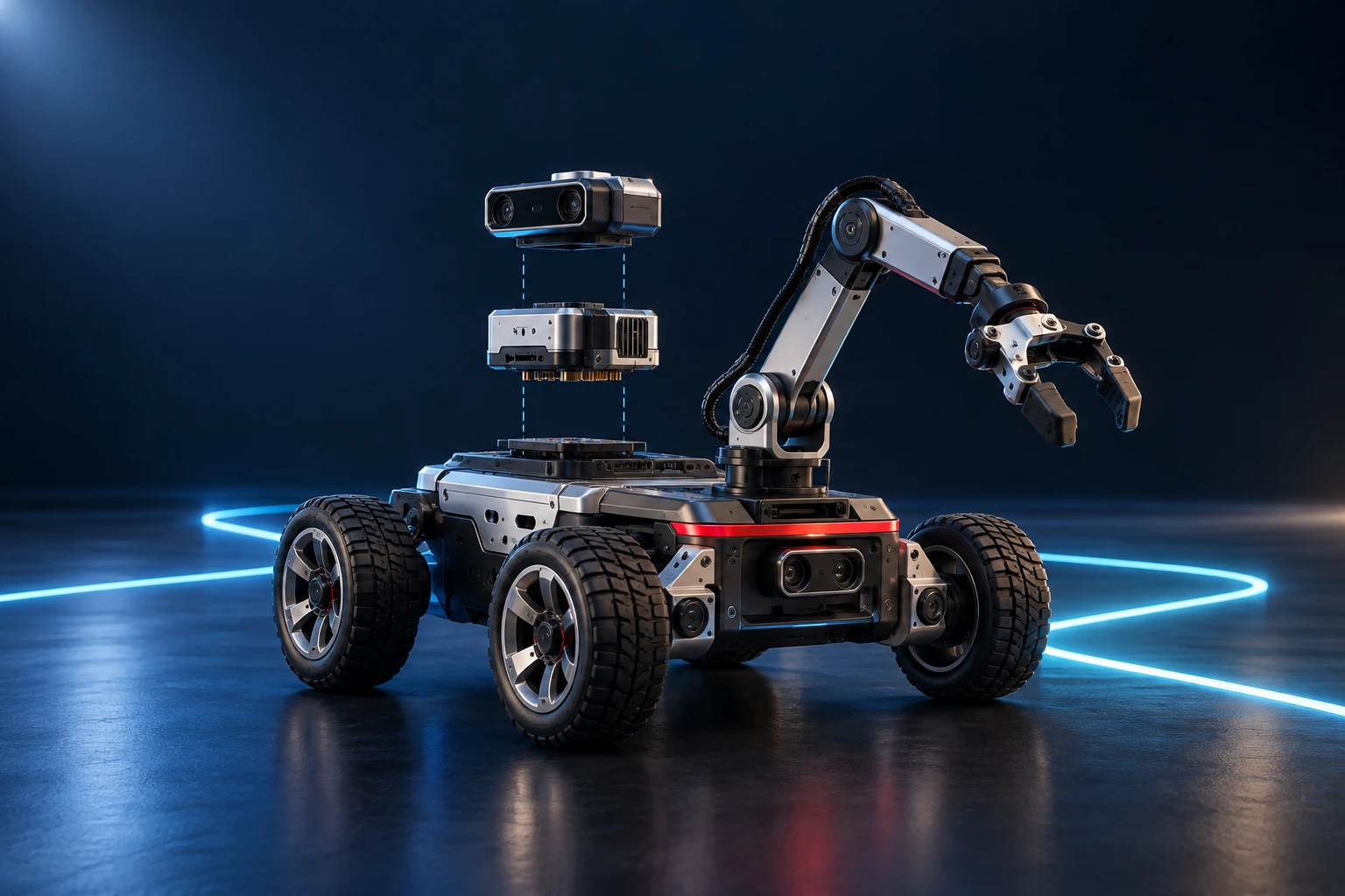 AI-generated educational robotics concept: a modular wheeled robot with an articulated gripper, floating sensor modules and a glowing learning path.