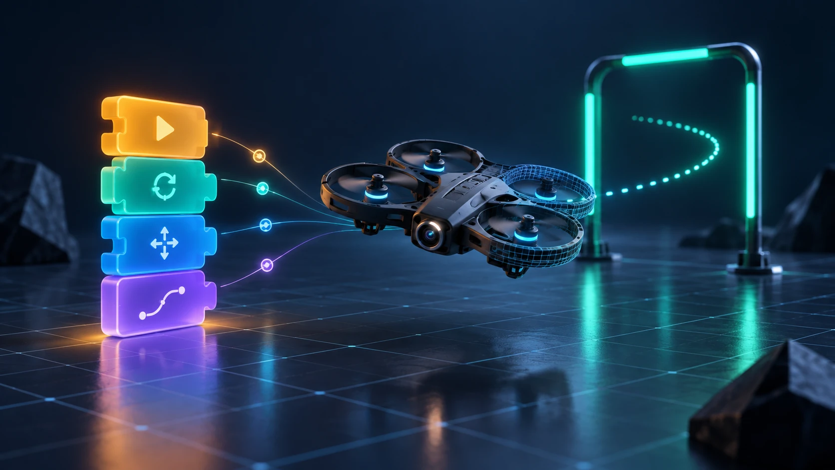 AI-generated PAKSI concept visual showing floating coding blocks, an educational drone and a glowing simulation path.